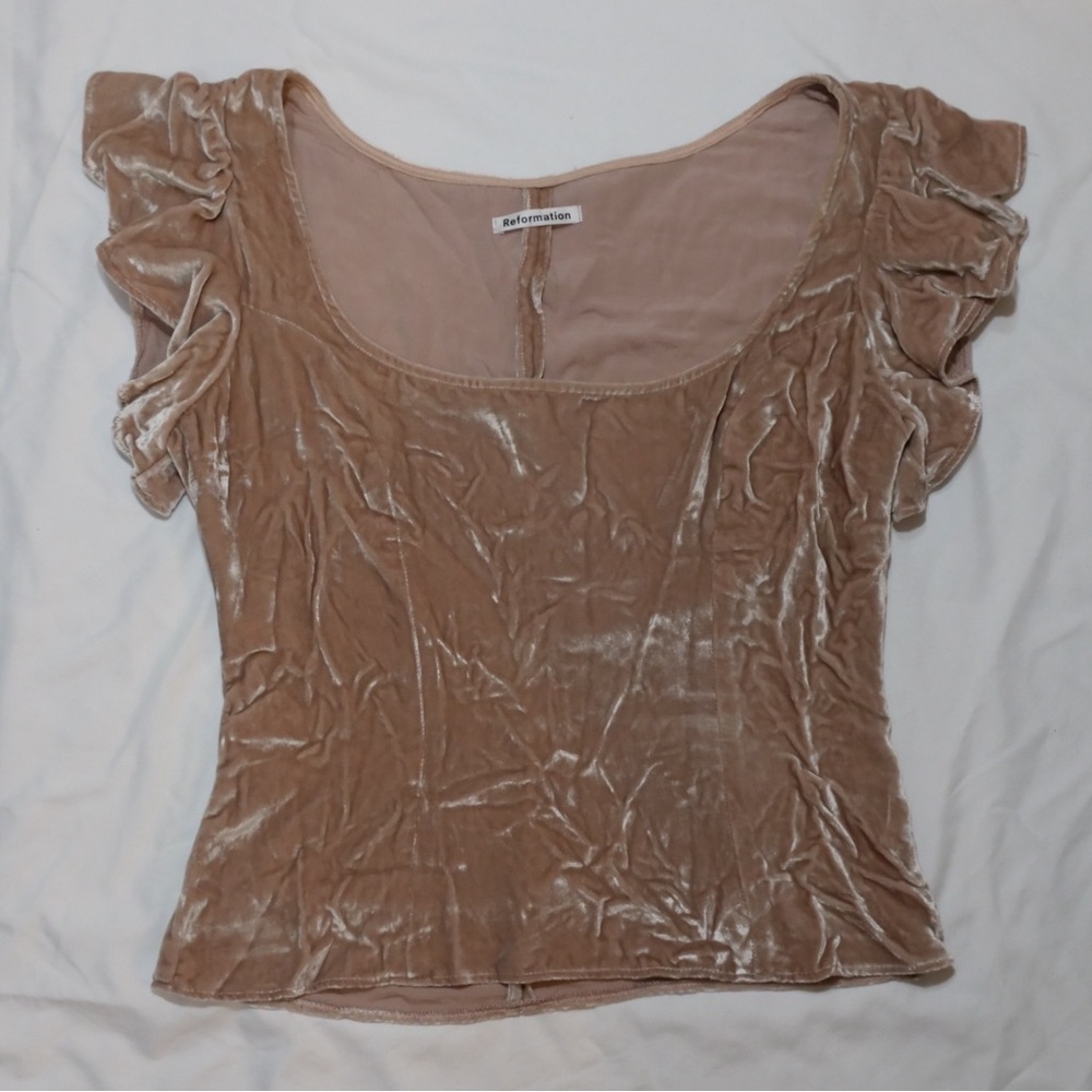 Size 2 Reformation pink velvety top with flutter sleeves
